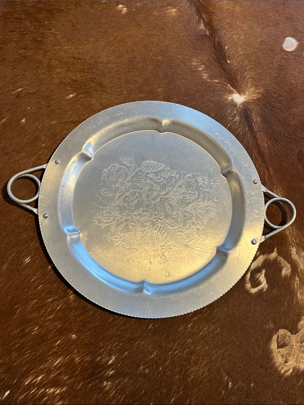 VTG Hammered Aluminum Serving Tray Lehman Hand Forged Loop Handles